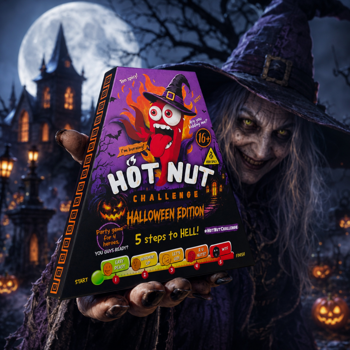 Kutija igre Hot Nut Challenge 24 g s Halloween dizajnom, ljubičasta ambalaža