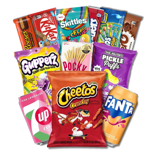 Mješavina slastica u pakiranjima: Skittles, Guppez, Cheetos, Fanta i Pickle Pupz